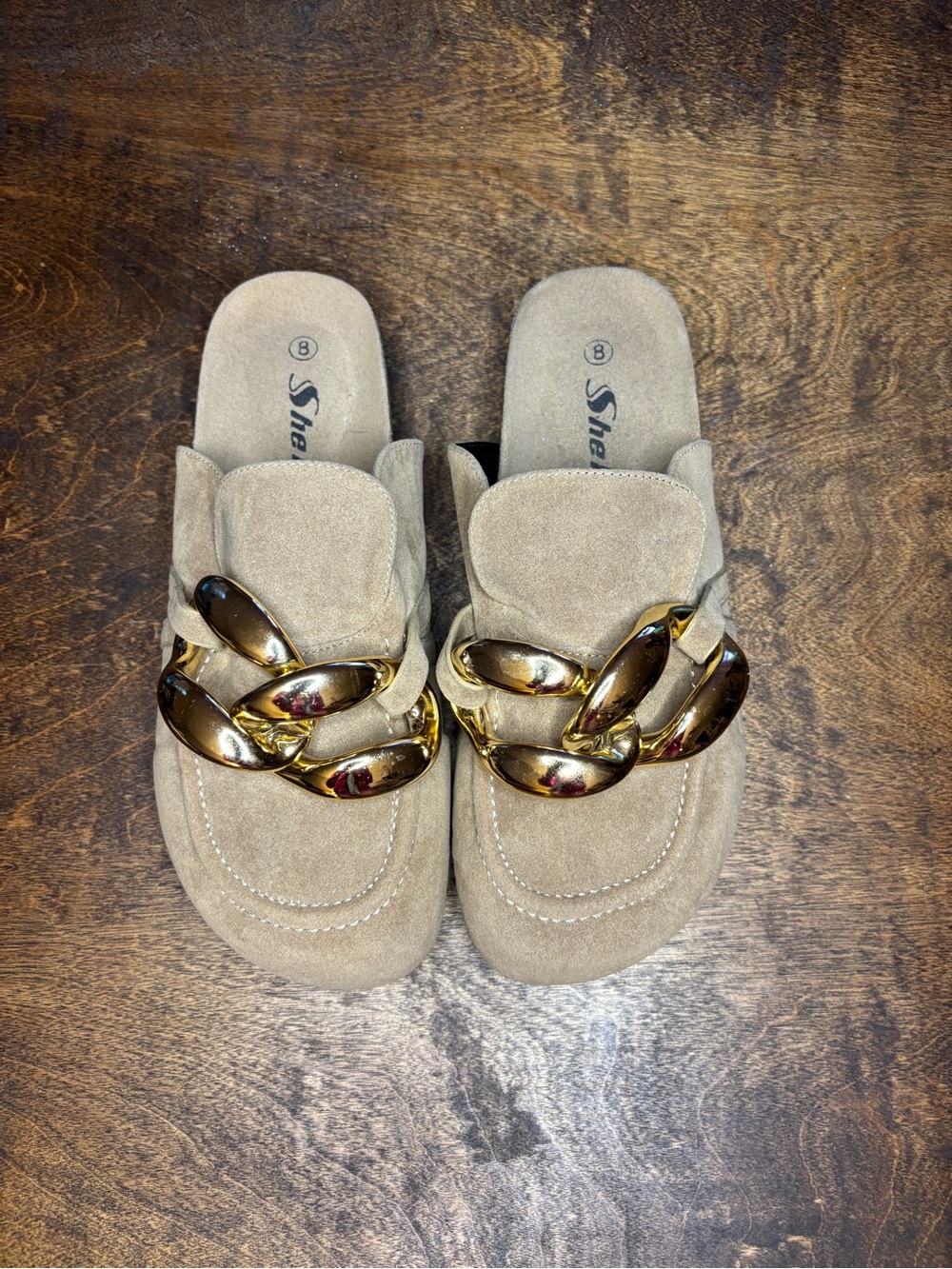 Beige Taupe Suede Gold Chain Slide Loafers Mules Size 8